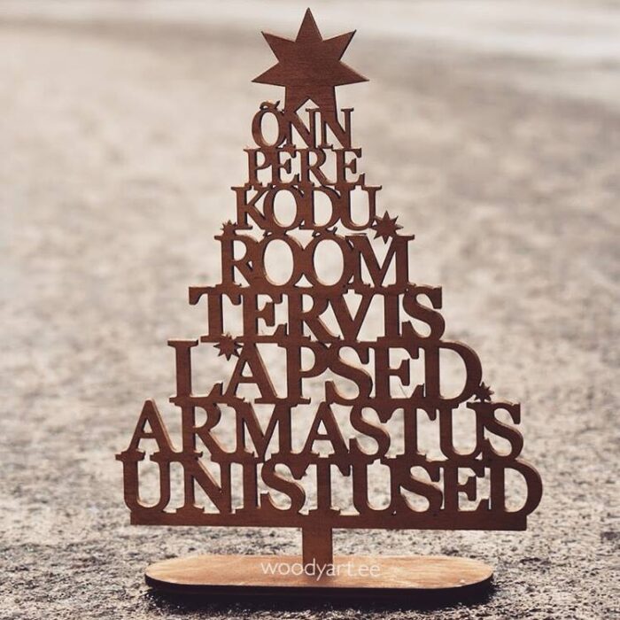 jõulupuu puidust jõuludeks kingiidee sõnadega ärikingitus laserlõigatud kuldne