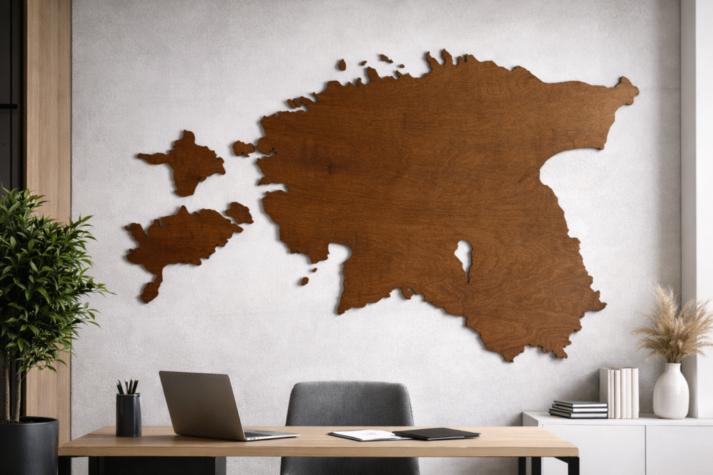 Eritellimusel valmistatud puidust maailmakaart seinale. Dekoratiivne seinakaunistus elutuppa, magamistuppa, kontorisse või äriruumi. Laseriga täpselt lõigatud ja käsitsi viimistletud seinakaart, saadaval erinevates mõõtudes, toonides ja materjalides (puit, vineer, akrüül). Isikupärastatud maailmakaart modernsesse, skandinaavialikku või minimalistlikku interjööri. Reisihuvilistele sobiv disainelement, kingiidee ning ruumi keskpunkt. Valmistatud Eestis, võimalus personaalseteks lahendusteks ja paigalduseks üle Eesti.