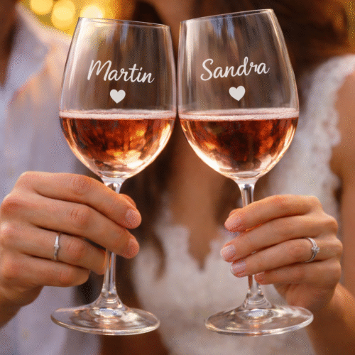 Graveeritud klaaside komplekt 2 tk – võimalus lisada kahe klaasi peale sama stiili ja kirjatüübiga erinevad nimed, kuupäevad või sõnumid