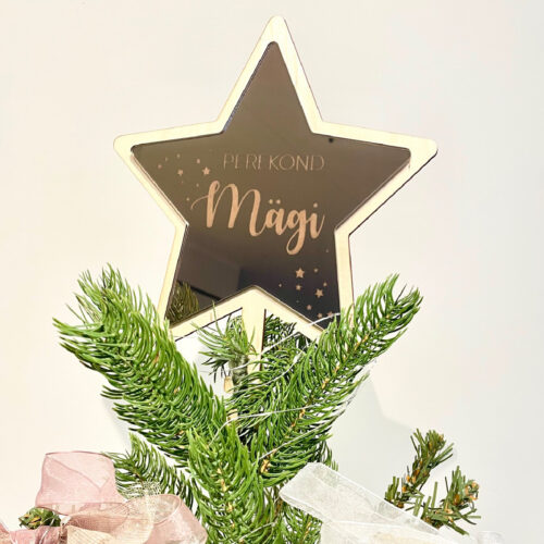 Nimeline jõulutäht – personaalne kuusetipu kaunistus kuldsest või hõbedasest akrüülist