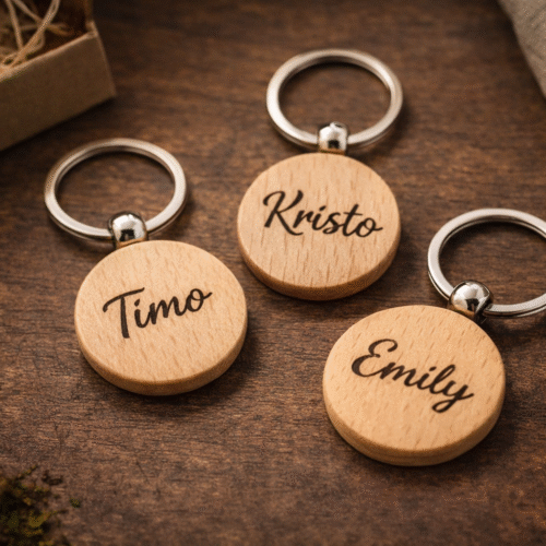 Nimeline puidust võtmehoidja personaalse graveeringuga. Võimalik lisada nimi ja tekst ka teisele poole. Käsitööna valmistatud Eestis.